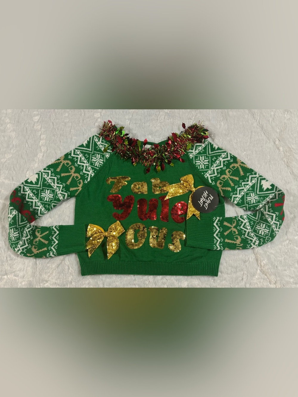 Planet Heart NWT Green Festive Sequin Crewneck Sweater with Tinsel Trim